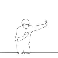 Mann lehnt sich seine Hand gegen das Mauer und das andere hält seine Truhe im Platz von das Herz - - einer Linie Zeichnung Vektor. Herz Schmerzen Konzept vektor