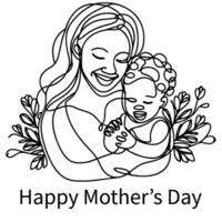 internationell kvinnors dag kort, kvinna innehav henne barn i hjärta med kontinuerlig ett svart översikt linje teckning Lycklig mödrar dag baner klotter stil vektor illustration