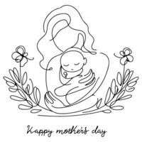 International Damen Tag Karte, Frau halten ihr Kind im Herz mit kontinuierlich einer schwarz Gliederung Linie Zeichnung glücklich Mütter Tag Banner Gekritzel Stil Vektor Illustration