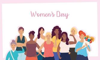 Happy Womens Day Schriftzug Karte mit einer Gruppe von Mädchenfiguren vektor