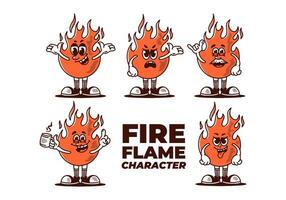 Jahrgang Stil Illustration von ein Feuer Flamme einstellen Charakter im fünf anders Pose vektor