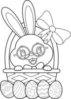 umrissen süß Hase Hase Karikatur Charakter im das Ostern Korb mit Eier. Vektor Hand gezeichnet Illustration
