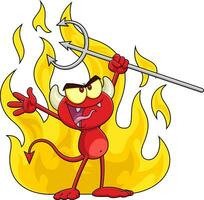wütend wenig rot Teufel Karikatur Charakter halten ein Heugabel Über Flammen. Vektor Hand gezeichnet Illustration