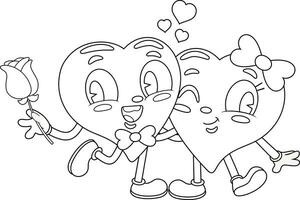 skisse söt hjärtan par retro tecknad serie tecken flirta. vektor hand dragen illustration