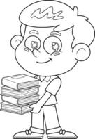 umrissen süß Schule Junge Karikatur Charakter halten Stapel von Lehrbücher. Vektor Hand gezeichnet Illustration