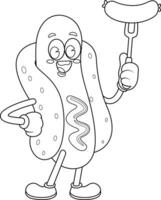 umrissen glücklich Hotdog retro Karikatur Charakter halten Würstchen auf Gabel. Vektor Hand gezeichnet Illustration