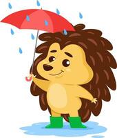 süß Igel Karikatur Charakter halten Regenschirm im das Regen. Vektor Illustration eben Design