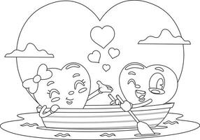 umrissen romantisch Herzen Paar retro Karikatur Zeichen auf Boot Rudern. Vektor Hand gezeichnet Illustration