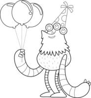 umrissen Geburtstag Monster- Karikatur Charakter mit ein Party Hut halten ein Luftballons. Vektor Hand gezeichnet Illustration