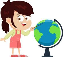 glücklich Schule Mädchen Karikatur Charakter zeigen im das Globus. Vektor Illustration eben Design