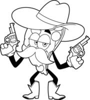 umrissen Cowboy Pizza Scheibe Karikatur Charakter mit zwei Waffen. Vektor Hand gezeichnet Illustration