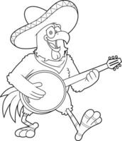 umrissen glücklich Hähnchen Hahn Karikatur Charakter mit Sombrero spielen das Banjo und Singen vektor