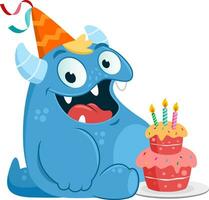 Lycklig födelsedag monster tecknad serie karaktär med kaka. vektor illustration platt design