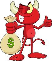 zwinkert wenig rot Teufel Karikatur Charakter halten ein Geld Tasche und geben das Daumen hoch. Vektor Hand gezeichnet Illustration