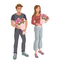 das Mann und Mädchen sind halten Blumensträuße. isometrisch Vektor Illustration.