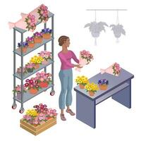 ung blomsterhandlare flicka innehav en bukett. säljare. isometrisk vektor illustration.