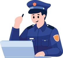 Polizei Offizier mit Laptop im eben Stil isoliert auf Hintergrund vektor