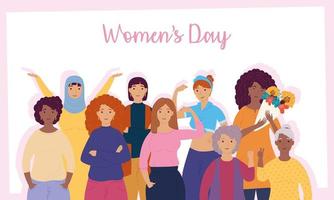 Womens Day Schriftzug mit einer Gruppe von interracial Mädchen vektor