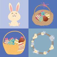 Frohe Ostern-Feierkarte mit Kaninchen und Eiern in Körben vektor