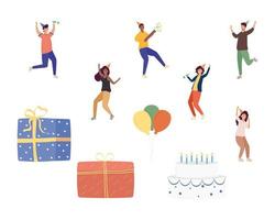 grupp av sex personer som firar födelsedagskaraktärer och ställer in ikoner vektor