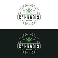 premie kvalitet cannabis organisk växt logotyp retro årgång mall design. vektor