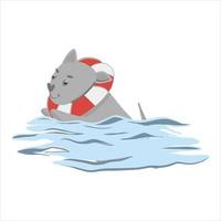Sommerurlaub, der Hund schwimmt im Meer in einem Schwimmkreis. Vektor-Doodle, Cartoon-Lager-Illustration von Hand gezeichnet, isoliert auf weißem Hintergrund vektor