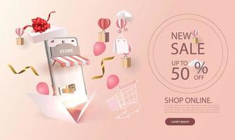 Papierkunst-Shopping online auf dem Smartphone und neu kaufen Verkaufsförderung rosa Hintergrund für Banner-Markt-E-Commerce-Frauen-Konzept. vektor