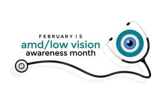 amd niedrig Vision Bewusstsein Monat beobachtete jeder Jahr im Monat von Februar. Banner, Poster, Karte Vorlage Design. Gesundheit Bewusstsein. vektor