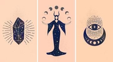 Satz schwarzer mystischer Ornamente auf beigem Hintergrund als Symbole der Magie und Astrologie.