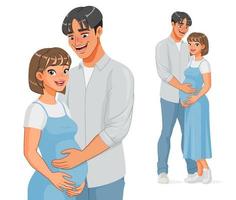 glücklicher asiatischer mann, der bauch seiner schwangeren frau hält, vektorillustration vektor