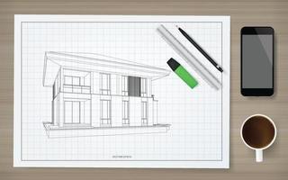 konstruktion papper bakgrund av plan med bild av wireframe hus. abstrakt konstruktion grafisk idé. vektor. vektor