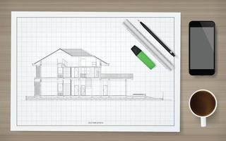 konstruktion papper bakgrund av plan med bild av wireframe hus. abstrakt konstruktion grafisk idé. vektor. vektor