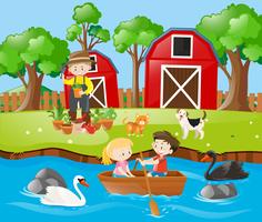 Barn roddbåt i floden vektor
