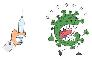 Cartoon-Arzt hält einen Impfstoff oder eine Nadel und das Virus rennt vor Angst davon, Vektorillustration