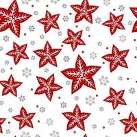 Weihnachtsnahtloses Muster mit rotem Weihnachtsstern, Schneeflocken und roten Beeren vektor