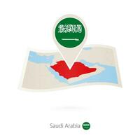 vikta papper Karta av saudi arabien med flagga stift av saudi arabien. vektor