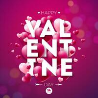 Lycklig valentines dag design med röd och vit hjärta och valentine typografi brev på skinande violett bakgrund. vektor bröllop och romantisk kärlek tema illustration för flygblad, hälsning kort, baner