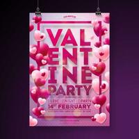 vektor valentines dag fest flygblad design med typografi och ballong hjärta på rosa bakgrund. kärlek firande affisch mall för inbjudan eller hälsning kort.