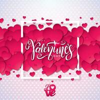 Lycklig valentines dag design med hjärta och typografi brev på röd mönster bakgrund. vektor bröllop och romantisk kärlek valentine tema illustration för flygblad, hälsning kort, baner, Semester affisch