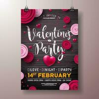 Vektor Valentinsgrüße Tag Party Flyer Design mit Rose Blume und rot Herz auf Jahrgang Holz Hintergrund. Vektor Heilige Valentinstag Tag romantisch Liebe Feier Design zum Flyer, Gruß Karte, Banner