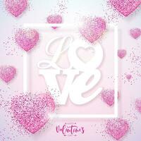 glücklich Valentinsgrüße Tag Design mit glitzerte Herz und Liebe Typografie Brief auf Licht Rosa Hintergrund. Vektor Hochzeit und romantisch Valentinstag Thema Illustration zum Flyer, Gruß Karte, Banner, Urlaub