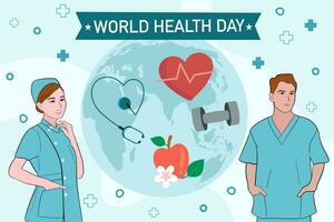 Welt Gesundheit Tag auf April 7 .. Illustration mit Erde und Gesundheitswesen zum Netz Banner oder Landung Seite im eben Karikatur Hand gezeichnet Vorlagen. vektor