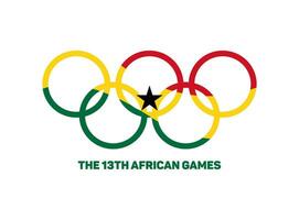 13 afrikanisch Spiele, kontinental Multisport Fall. Flagge von Ghana, März 2024. olympisch Symbole, Emblem 5 verflochten Ringe. vektor