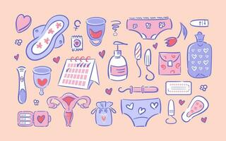 uppsättning av feminin hygien objekt i hand dra stil. menstruations- koppar, kalender. återanvändbar och disponibel dynor. tamponger, trosor, graviditet testa och födelse kontrollera piller. livmoder. kvinnor hälsa. cykel tracker vektor