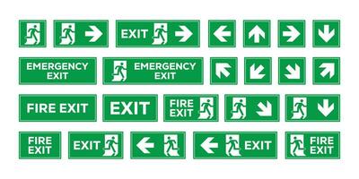 Notfall Ausfahrt Zeichen Satz. Notfall und Feuer Ausfahrt Symbole. Mann Laufen aus Pfeil, Grün Hintergrund. vektor