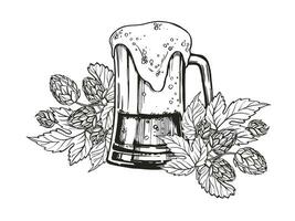 hand dragen vektor skiss av full öl glas med skum och hopp växt med löv och knoppar, öl Ingredienser, svart och vit illustration av öl tema, inked illustration isolerat på vit bakgrund
