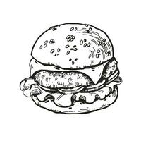 vektor illustration av burger med kött, lök, tomater, ost, hand dragen skiss av snabb mat, isolerat på vit bakgrund, svart och vit bläck illustration