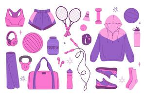 ein einstellen von Sport Ausrüstung und Elemente im Rosa und lila Farben. Vektor Grafik.