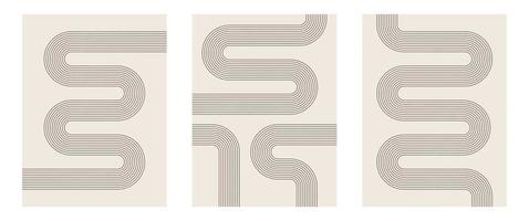 Set aus modernem minimalistischem Kunstdruck aus der Mitte des Jahrhunderts mit organischer natürlicher Form. abstrakter zeitgenössischer ästhetischer Hintergrund mit geometrischer minimaler schwarzer Linie auf Beige. Boho-Wanddekoration. vektor
