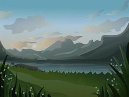 realistische Landschaft mit Bergen, Fluss und Feld vektor
